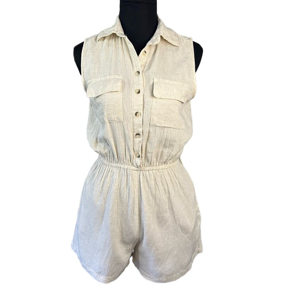 Sim & Sam Oatmeal Linen Blend Utility Romper Sleeveless Safari Resort Size M - Picture 2 of 11